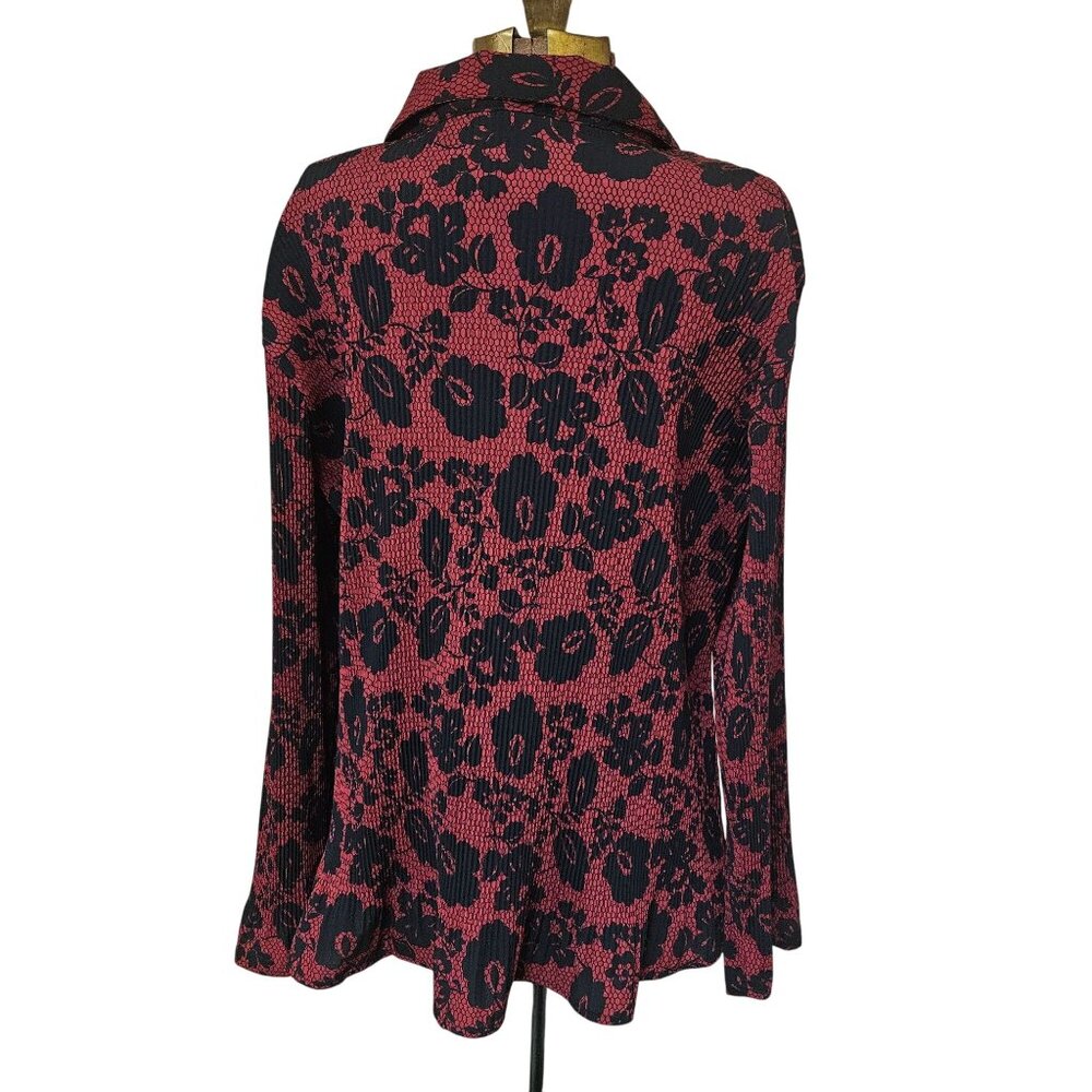 Fred David Blouse Womens 2X Red Black Floral Long Sleeve Crinkle Top Stretch - Picture 6 of 7